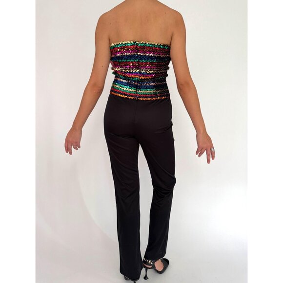 70s vintage black rainbow sequin disco festival strapless tube top pant jumpsuit - Picture 4 of 10